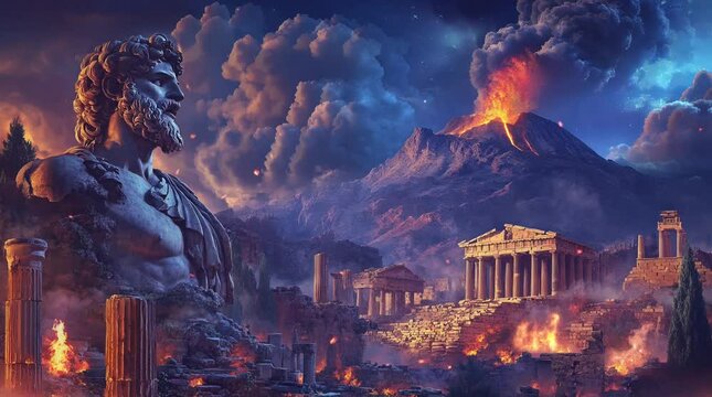 Zeus statue with a view of collapsed ancient Greek buildings with a volcano in the background. Seamless looping time-lapse virtual 4k video animation background