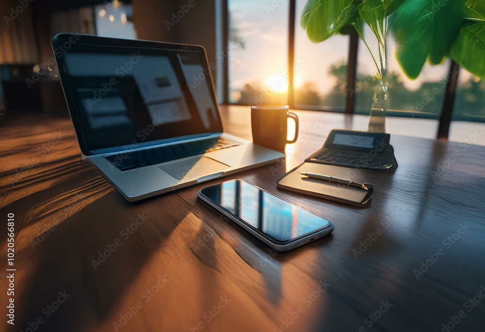 Poster a laptop, smartphone and notebook lie on a wooden table with a window overlooking a sunset behind it