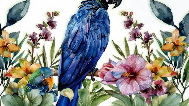 A blue macaw perches on a branch surrounded by colorful flowers, painted in a vibrant watercolor style