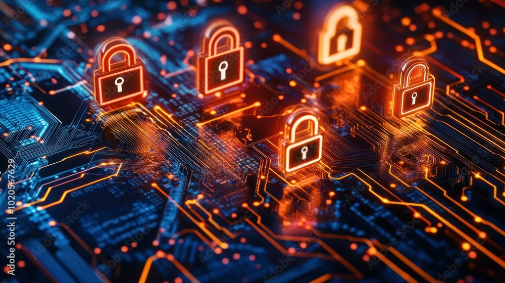 Poster illuminated padlocks on a circuit board representing digital security