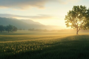 Naklejka premium Serene sunrise over a peaceful countryside, fields and trees bathed in golden light