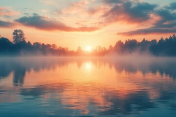 Obraz premium Serene sunrise over a peaceful lake, reflections in the calm water