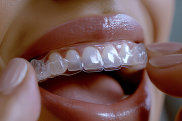 Obraz premium Close-Up of a Woman Inserting a Clear Dental Aligner onto Her Teeth for Orthodontic Treatment