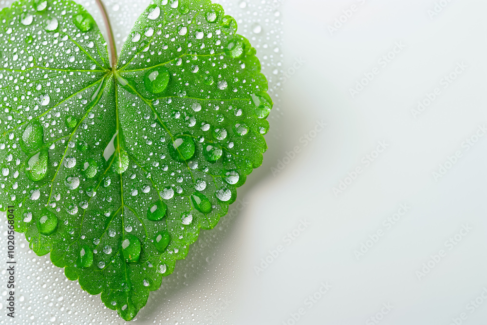 Canvas Prints This remarkable green leaf showcases a delicate arrangement of shimmering water droplets, symbolizing freshness and vitality. The clean white background enhances its vibrant colors