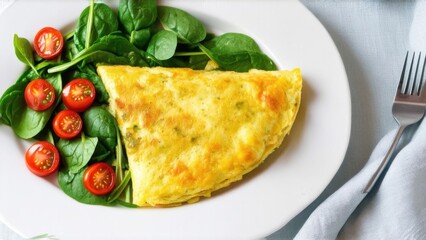 Stuffed omelette with tomatoes and spinach on light background with copy space. Top view, flat lay