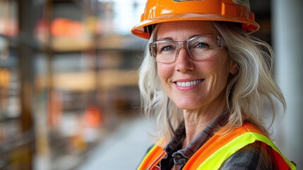 construction site scene featuring a middle-aged woman in a work vest and hard hat smiling as she embraces her role in the building industry confident and skilled in her work