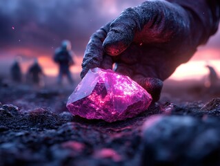 A gloved hand carefully holds a luminous purple crystal against the backdrop of a stunning sunset, highlighting mystery and allure with vivid colors.