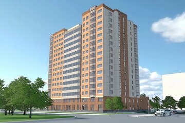 Modern residential building with vibrant facade and landscaped surroundings in clear daylight