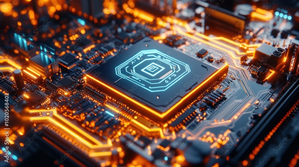 Poster close-up of a glowing processor chip on a circuit board