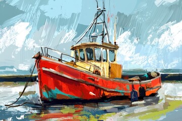Vibrant red fishing boat moored at the harbor under a bright blue sky during the day