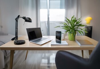 A laptop, smartphone, and plant on a wooden table in a minimalist room.