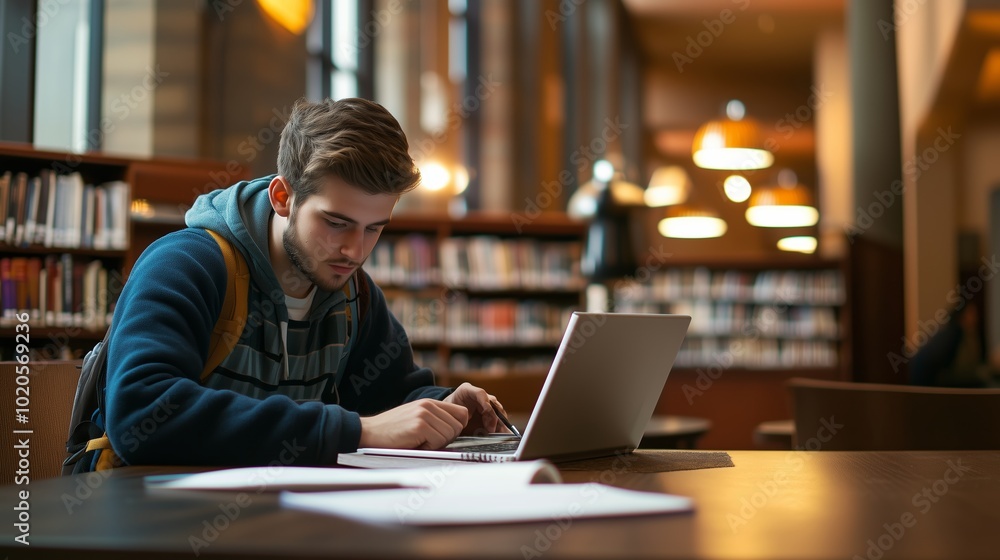 Poster student focused on studying while using a laptop in a quiet library setting during late afternoon ho