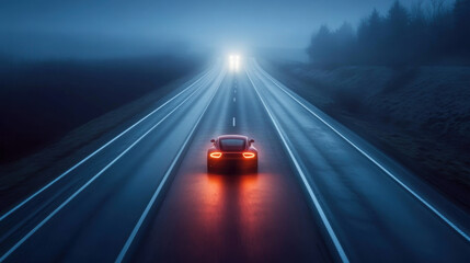 A car is driving down a road at night with fog in the background