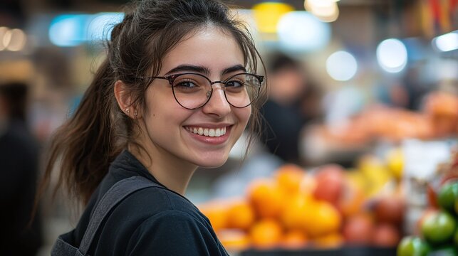 cheerful young supermarket employee looking at the camera with a welcoming smile demonstrating great customer service and a positive attitude while working in a busy grocery store setting