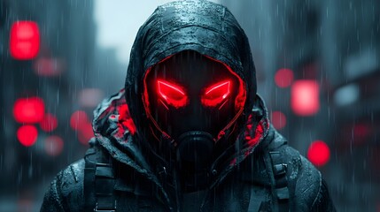 Enigmatic hooded figure shrouded in mystery stalks through a gloomy,rain-soaked city street at night,their ominous presence and glowing red eyes hinting at a sinister purpose or hidden identity.