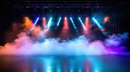Stage Lit with Multicolored Spotlights and Fog