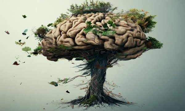 A surreal blend of a brain and a tree symbolizing nature and intellect.