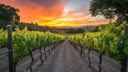 Fototapeta premium Vineyard Rows at Sunrise with a Dramatic Sky