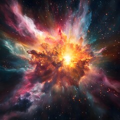 An ultra-detailed rendering of a supernova explosion, with massive bursts of colorful gases and energy radiating through the vastness of space,Generative AI