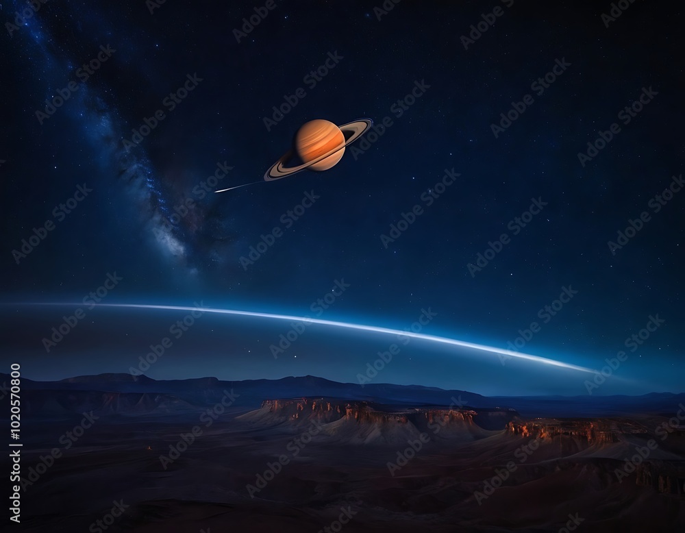 Canvas Prints view of a planetary system. a large, ringed planet dominates the sky, while a smaller blue planet an