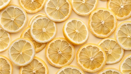 Fototapeta premium Bright half lemon slices meld in a stunning double exposure, beautifully contrasted on a beige backdrop, offering a fresh and invigorating aesthetic for visual appeal.