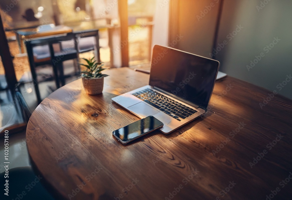 Poster a laptop computer and a smartphone are laying on a wooden table.