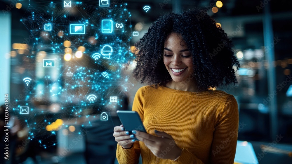 Poster smiling woman using smartphone with digital network icons