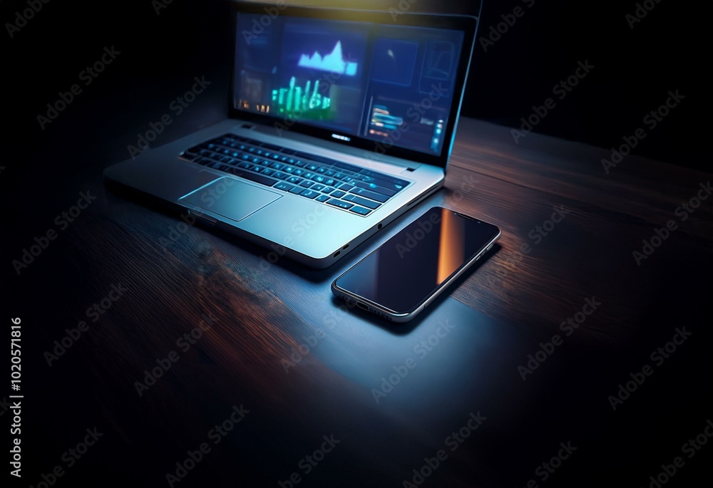 Leinwandbilder a laptop computer and a smartphone sit on a wooden desk. the laptop is open and has a bright screen,