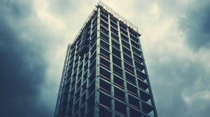 An unfinished building rises dramatically against a stormy sky, showcasing modern architecture and construction challenges.