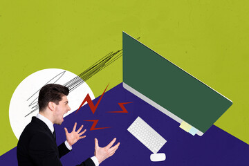 Composite photo collage of angry businessman scream broke pc screen device work problem job burnout...