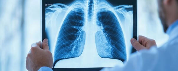 Close-up of a healthcare professional analyzing a lung X-ray on a digital tablet in a clinical setting.