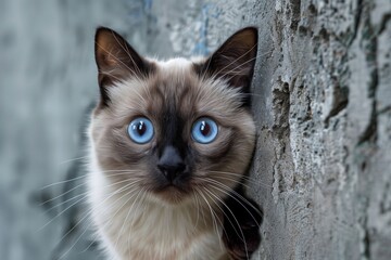 A Siamese cat with vibrant blue eyes appears against a rough-textured wall, creating a striking contrast that emphasizes its exotic and noble appearance.
