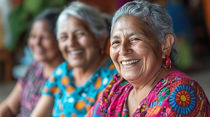 Obraz premium group of smiling Latin-American indigenous mature women, sharing laughter and positive energy in a vibrant gathering, embracing cultural unity and joyful connection with each other