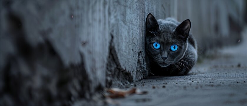 A stealthy gray cat with piercing blue eyes crouches in a dim alley, embodying the sleek and mysterious nature of urban feline presence at dusk.