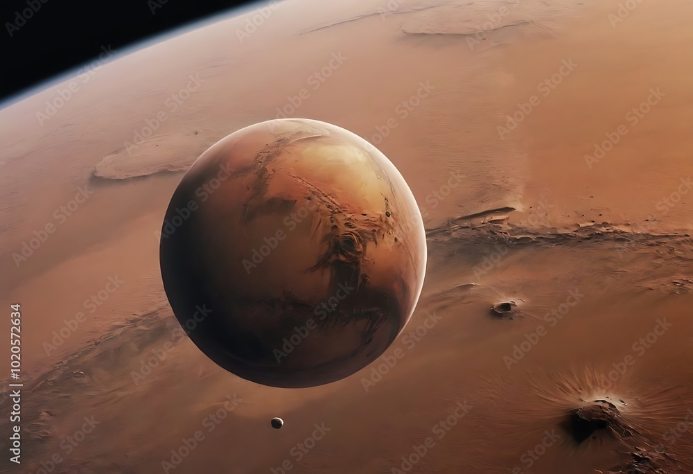 Canvas Prints a reddish planet, likely mars, with a smaller object orbiting it. the planet's surface is covered in