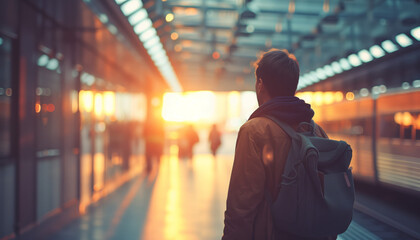 Young Traveler at Train Station During Sunrise - Perfect for Travel Blogs, Adventure Stories, and Transportation Themes