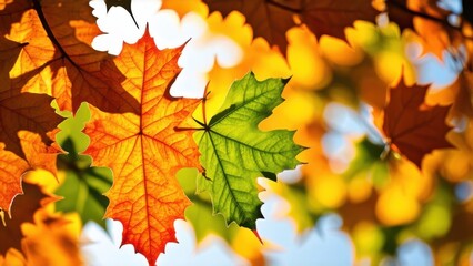 Closeup of autumn leaves in shades of orange and green illuminated by sunlight showcasing the beauty of fall seasonal