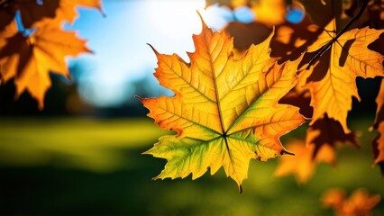 Obraz premium Closeup of autumn leaves in shades of orange and green illuminated by sunlight showcasing the beauty of fall seasonal
