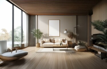 Fototapeta premium A modern living room with wooden floors, a large window, a sofa, a coffee table, and a framed artwork.