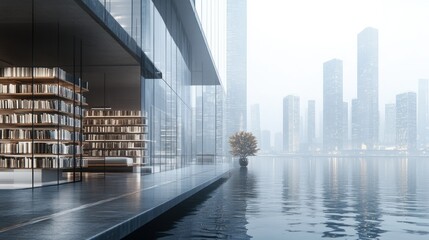 Obraz premium Modern Library Overlooking Cityscape with a Water Feature