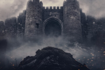 Naklejka premium An Imposing Fortress Crafted from Dark Stone Stands on a Jagged Cliff, Surrounded by Mist and Fog, Creating a Haunting Atmosphere Filled with Ancient Secrets and Ominous Mystique.