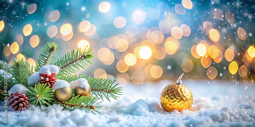Poster pine branches adorned with ornaments and pine cones rest on a fluffy layer of fresh snow. gleaming g