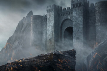 Fototapeta premium A Majestic Fortress, Crafted from Timeworn Stone, Stands Tall on a Craggy Cliff, Enveloped in Mysterious Mist, With Its Dark Towers Overlooking an Eerie, Fog-Laden Landscape Below.