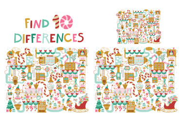 Find 10 differences in the picture. Christmas factory with elves. Fantasy mechanisms, conveyors and robots that pack gifts for children. Hand-drawn illustration in cartoon style. Puzzle Hidden Items.
