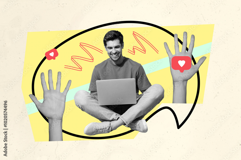 Poster sketch retro collage of cheerful smiling funny man chatting blog followers isolated on drawing backg