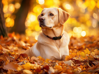 A dog surrounded by colorful autumn leaves in a tranquil outdoor setting