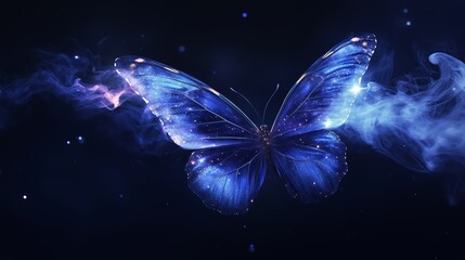 A luminous blue butterfly with shimmering wings floating through a cosmic night with colorful smoke in the background