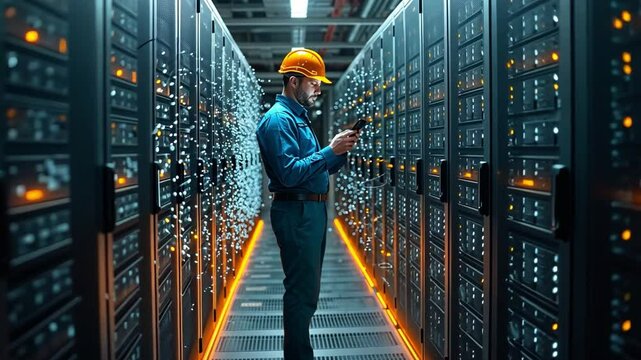 An engineer wearing a safety helmet is monitoring his phone in a busy data center filled with servers, showcasing the technology environment.