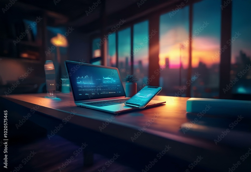 Poster a laptop and a smartphone with glowing screens sit on a wooden table. a large window behind the devi
