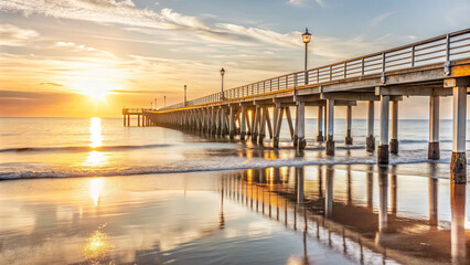 Obraz premium A picturesque beach pier extends into calm waters as the sun sets, creating a beautiful reflection on the surface. Lanterns line the pier, enhancing the tranquil atmosphere